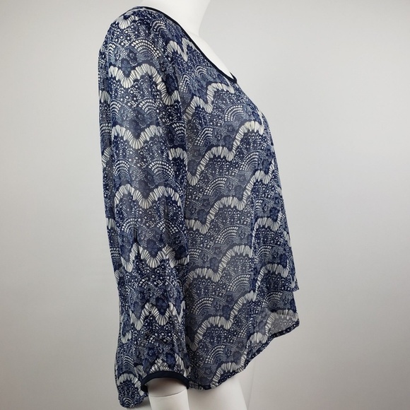 COLLECTIVE CONCEPTS Blue White 3/4 Sleeve Sheer Blouse Womens Size S Small - Picture 4 of 6